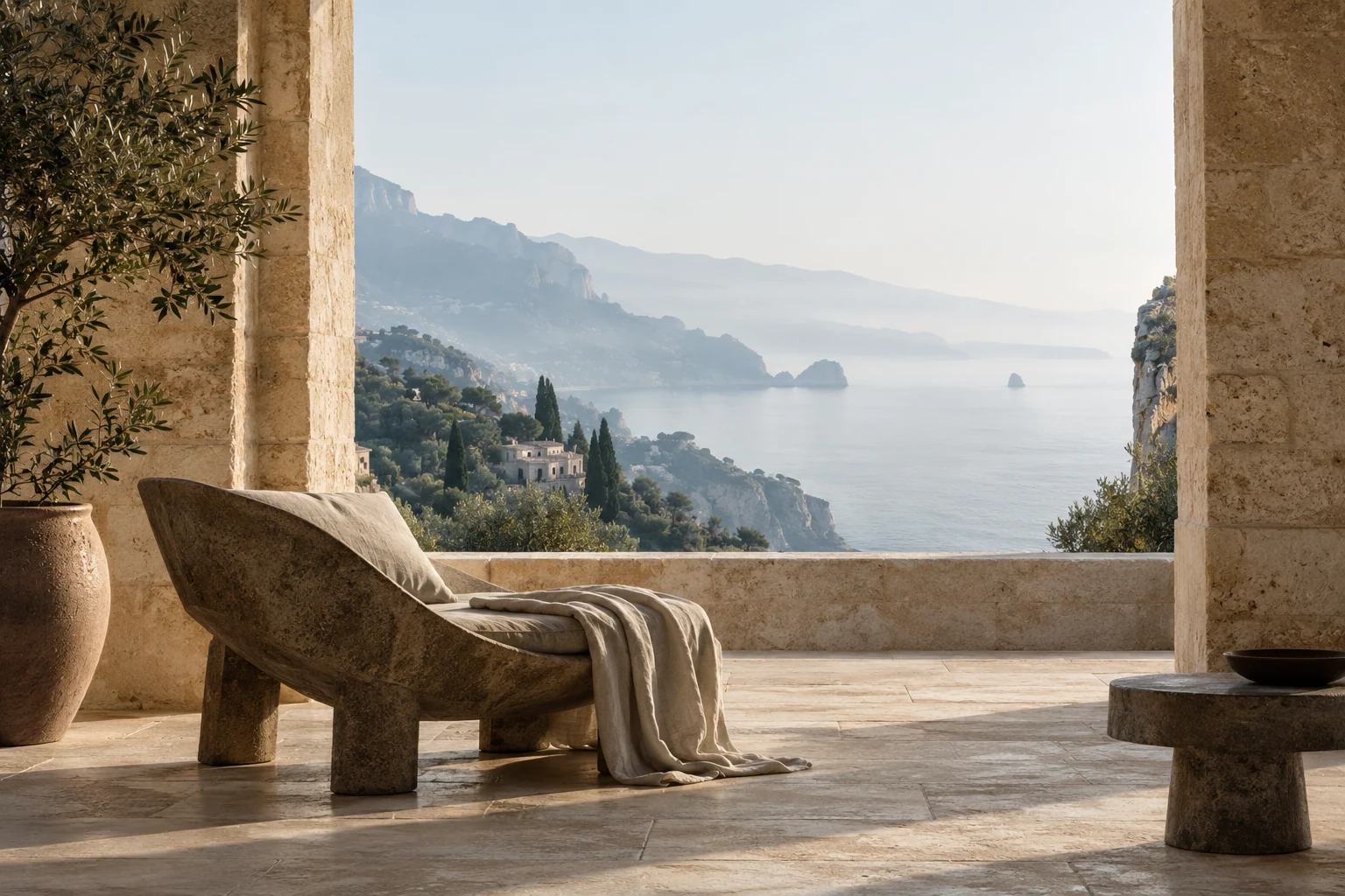 A quiet stone terrace overlooking a hazy Mediterranean coastline