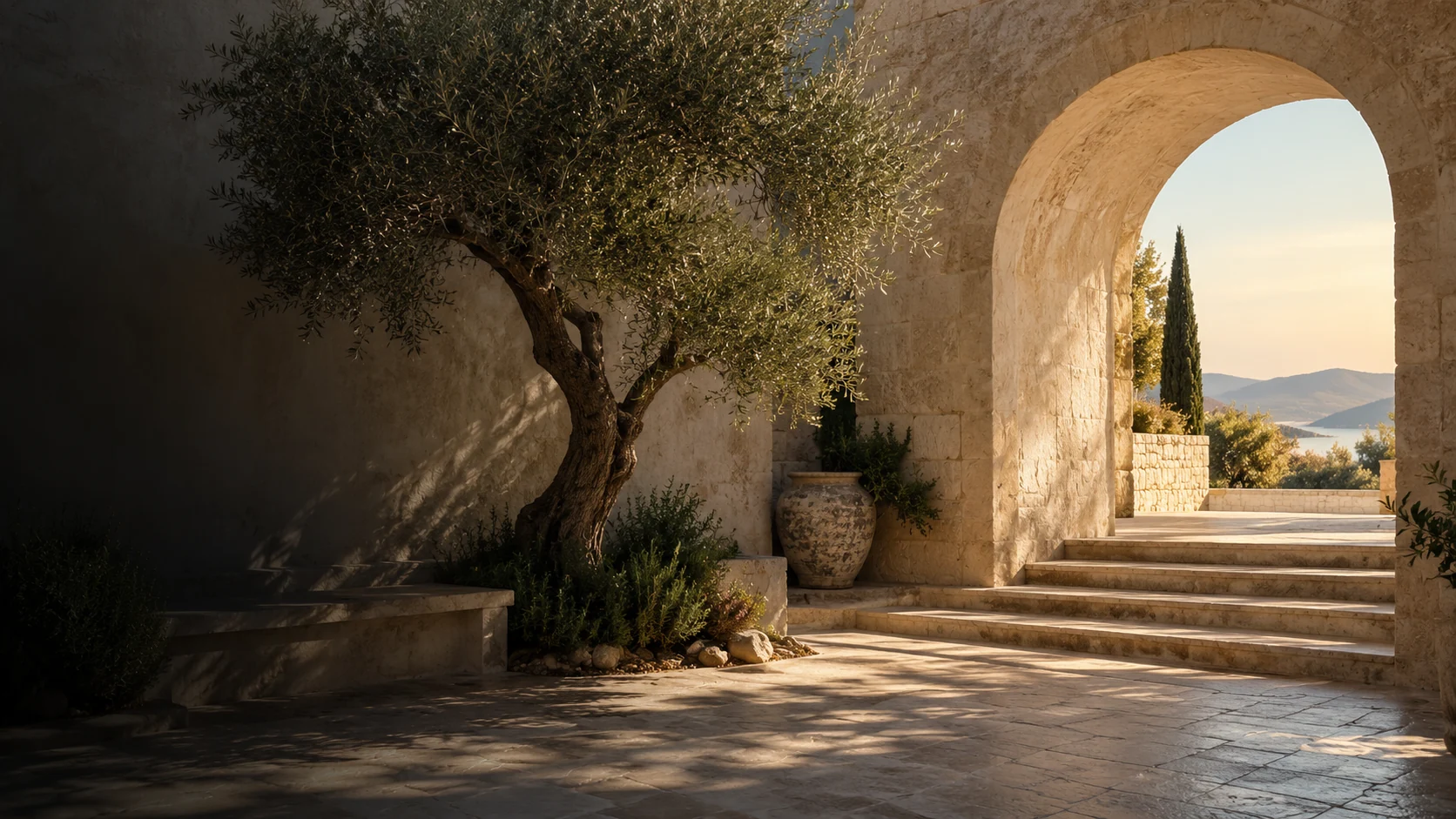 A shaded limestone courtyard with an olive tree and a sunlit archway
