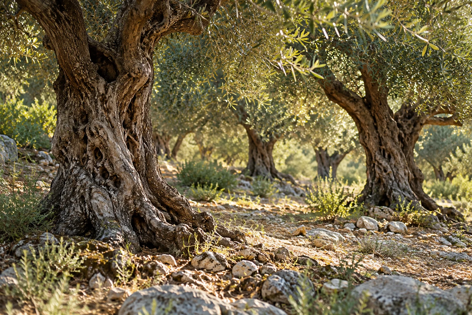 Mature olive trees in dappled afternoon light