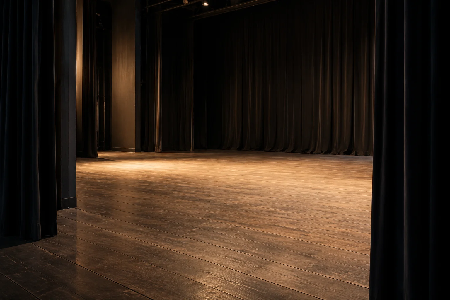 An empty theatre stage with warm light falling across the timber floor