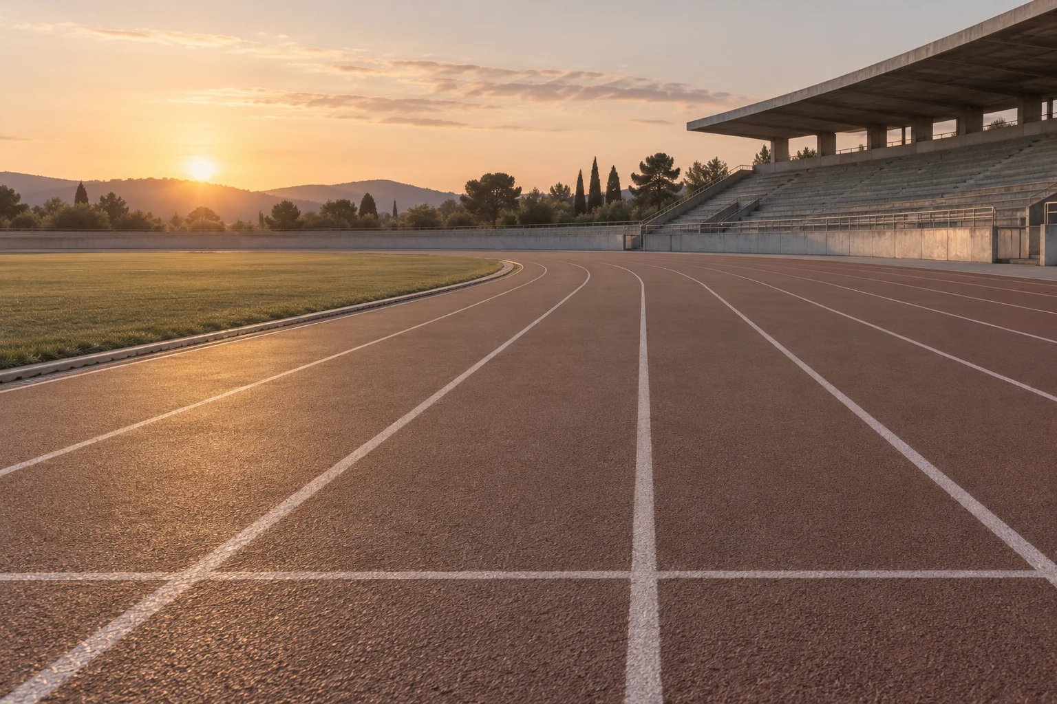 An empty running track in soft early morning light